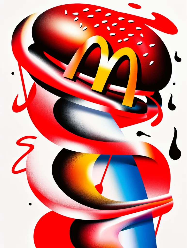 The image depicts a distorted and abstract representation of a McDonald's hamburger. The iconic golden arches are prominently displayed, while the rest of the burger is rendered in a swirling, colorful style. Red, yellow, blue, and black colors are used to create a dynamic and eye-catching visual. The overall effect is playful and surreal.