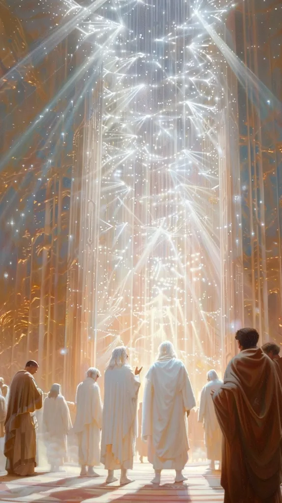 A group of people dressed in white robes stand in a glowing, ethereal space, bathed in a brilliant light that emanates from a central point. The light creates an array of shining lines and dots,  evoking a sense of holiness and otherworldly beauty. The individuals seem to be in a state of reverence, their faces illuminated by the divine glow. The scene suggests a spiritual gathering or a moment of profound enlightenment.
