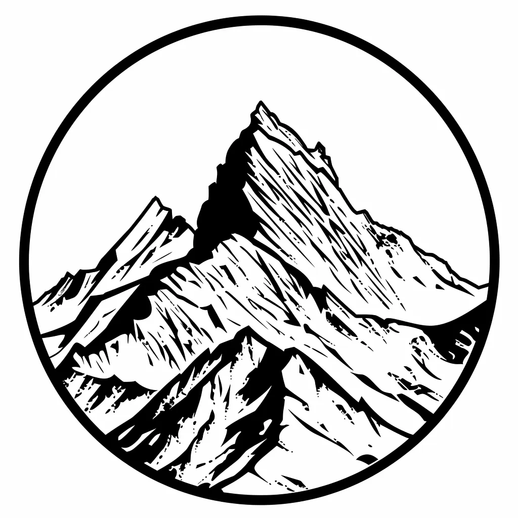 A black and white illustration of a mountain peak, enclosed within a circular frame. The mountain is depicted with intricate detail, showcasing its rugged and textured surface. The image suggests a sense of grandeur and natural beauty.  The circular frame adds a sense of completeness and focus to the subject.