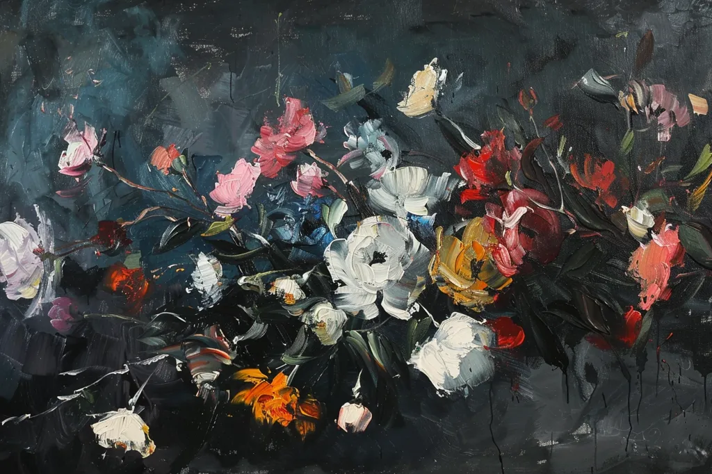 A vibrant oil painting captures a bouquet of flowers against a dark background. The flowers are rendered with bold strokes, their colors ranging from deep reds and oranges to delicate pinks and whites. The painting's dark backdrop emphasizes the vibrancy of the flowers, creating a striking contrast. The artist's loose and expressive brushwork adds a sense of movement and energy to the composition.