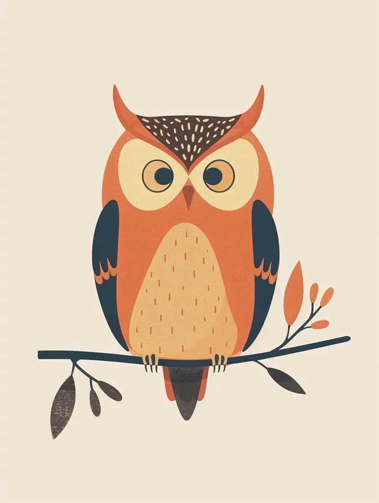 A cartoon owl with orange and brown feathers and large, round eyes sits perched on a branch with small, brown leaves. The owl has a dark blue-grey underside and a speckled black and brown crest. The background is a soft, pale beige.