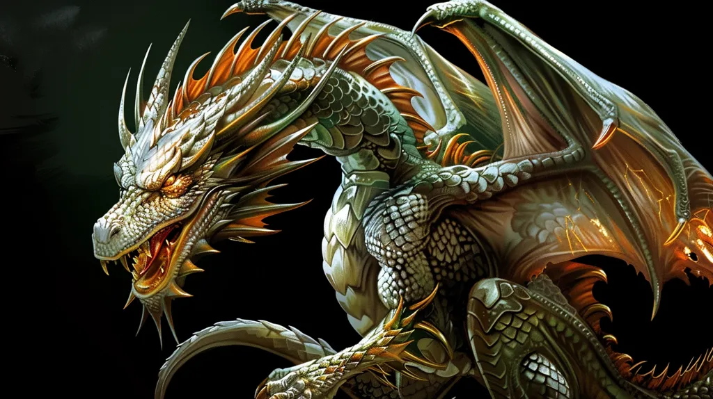 The image depicts a magnificent dragon with scales of gold and green, its wings outstretched. It has a fierce expression with sharp teeth and glowing eyes. The dragon's powerful physique and menacing presence make it a captivating subject, evoking a sense of awe and power. The intricate details of its scales and wings add to the overall sense of majesty.