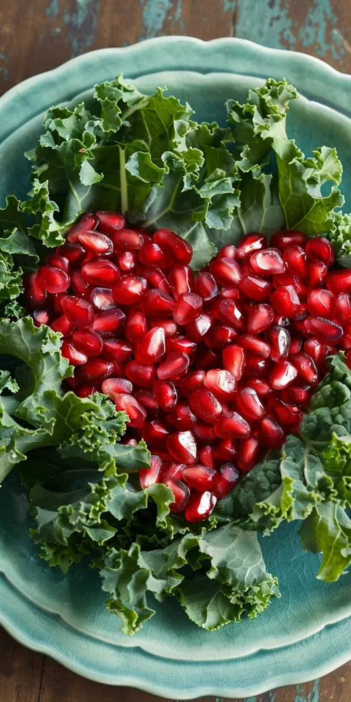 A close-up shot of a blue and green ceramic plate filled with fresh, green kale leaves and a heart-shaped arrangement of vibrant red pomegranate seeds. The image captures the natural beauty of the ingredients, showcasing the contrasting colors and textures of the salad.  The focus is on the pomegranate seeds, suggesting a healthy and visually appealing dish.  The warm, wooden background adds a rustic touch to the composition.