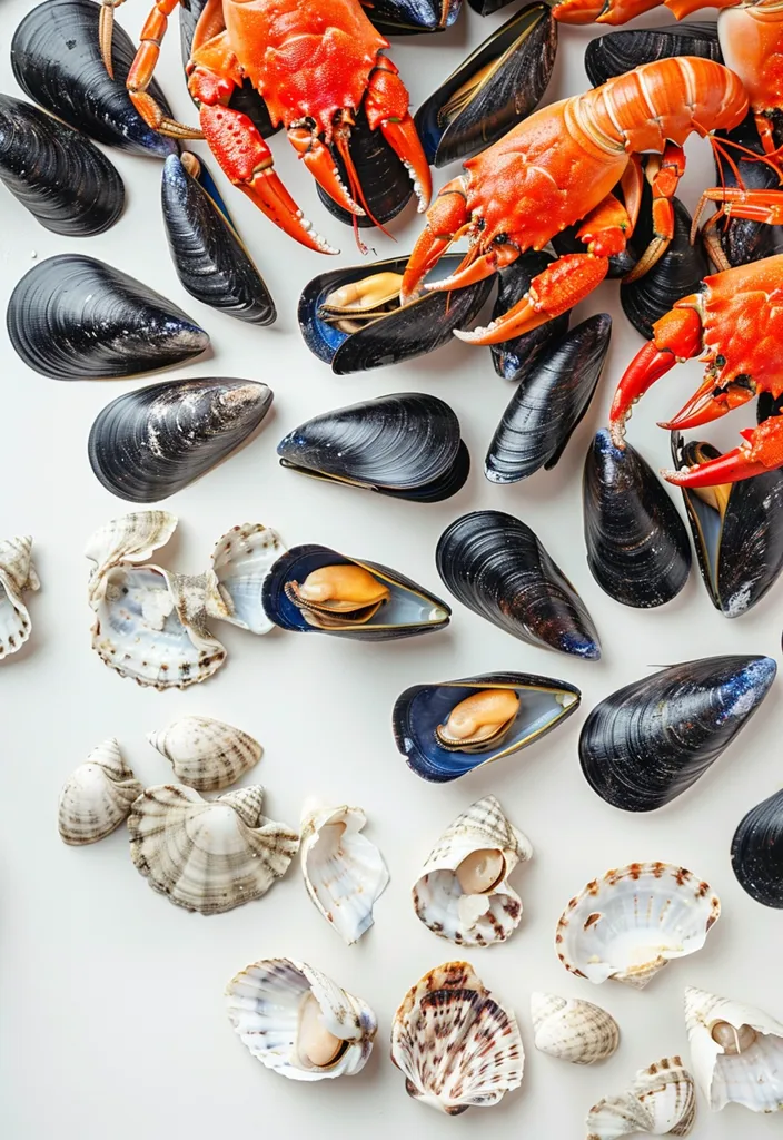 A white surface is scattered with an assortment of fresh seafood. Mussels, clams, and two bright red crabs are arranged in a haphazard yet visually appealing way. The contrasting colors of the black mussels, white clams, and orange crabs create a captivating display of natural beauty. The scene suggests a fresh catch from the ocean, ready to be savored.
