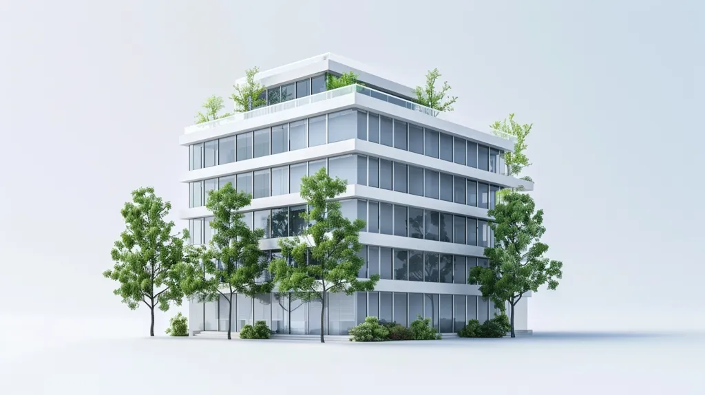 The image shows a modern office building with a white facade and large windows. The building is surrounded by green trees and bushes. The building has a clean, simple design and appears to be located in an urban setting. There is a small balcony with plants on each floor, and the windows reflect the blue sky. The white background suggests a clear day.