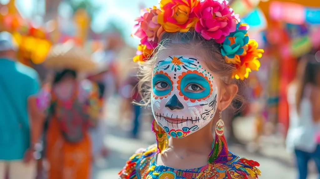 A young girl, adorned with a vibrant flower crown and a colorful sugar skull face paint, stands amidst a bustling crowd. The intricate details of her makeup and the festive atmosphere suggest a celebration, possibly the Day of the Dead.  Her bright eyes and playful smile radiate joy and festivity.  The blurred background of colorful figures and decorations further enhances the celebratory feel.