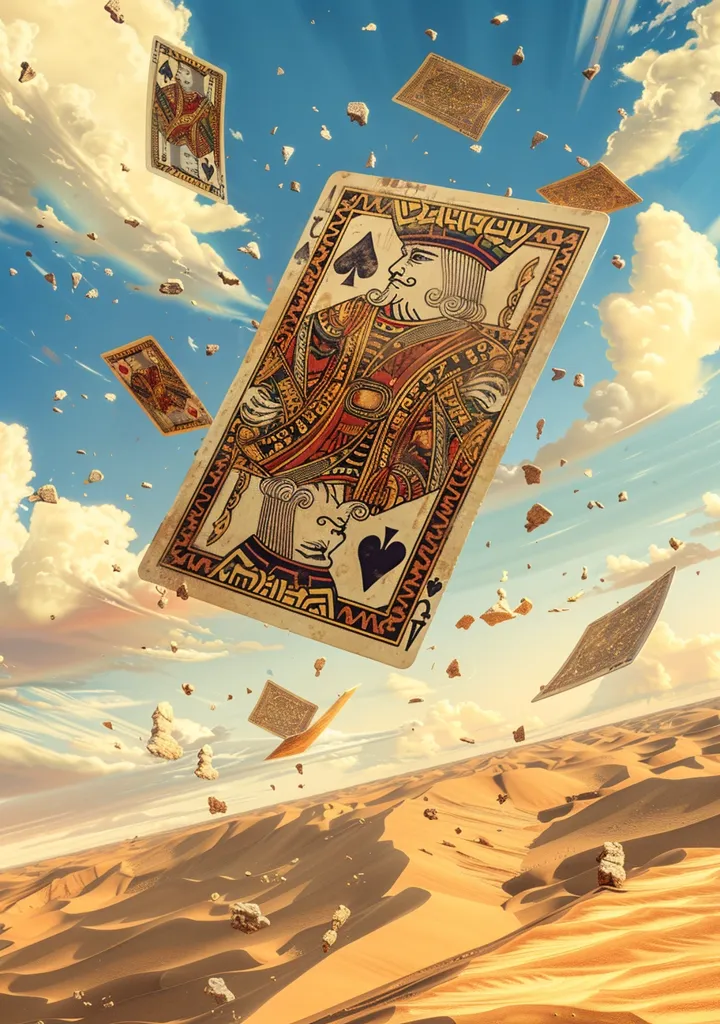 A King of Spades playing card floats in the air above a vast desert landscape. The card is old and worn, with its edges frayed. Other playing cards and debris are scattered across the sky, giving the impression of a game gone wrong. The desert below is a sea of golden sand dunes, stretching out as far as the eye can see. The image evokes a sense of mystery and wonder, as if a magical event has just occurred.