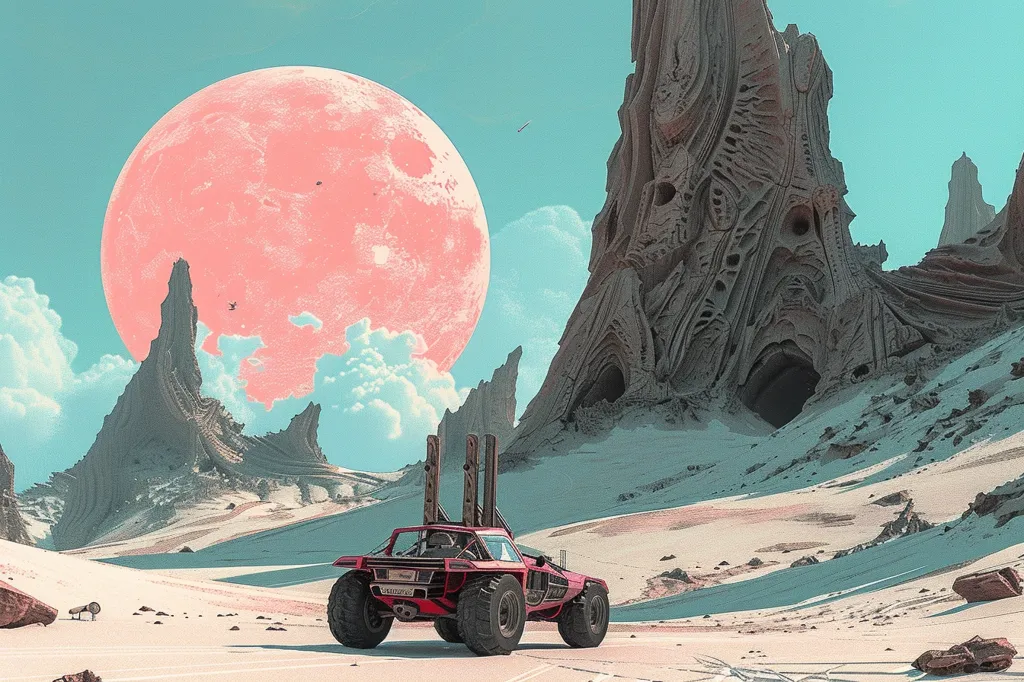 The image depicts a desolate, alien landscape under a large, pink moon. A red, futuristic vehicle traverses the white sand, driving toward a cluster of tall, intricately-carved rock formations that cast long shadows across the dunes. The scene is bathed in a soft, pastel light that gives the landscape a surreal and otherworldly feel.