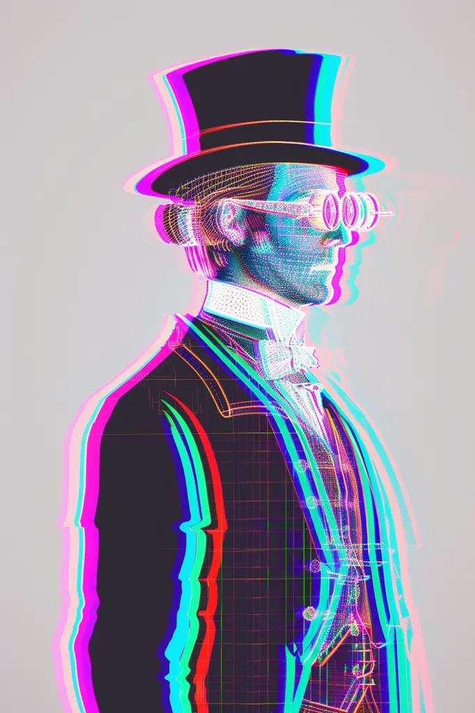 A man wearing a top hat and goggles stands in profile, looking to the right. The image is distorted with a colorful glitch effect, creating a distorted and psychedelic aesthetic. The man's clothing appears to be a black suit with a white shirt and bow tie. The background is a muted gray.