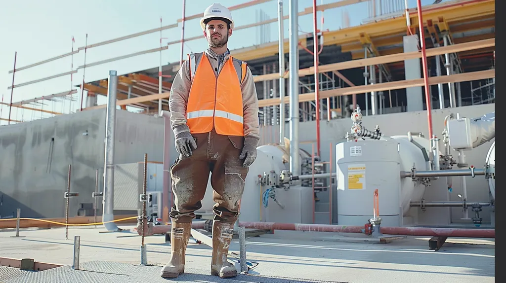 A construction worker, wearing a white hard hat, bright orange safety vest, brown pants, and black boots, stands in front of a large, unfinished concrete building. Behind him, large metal tanks and pipes are visible. The building appears to be under construction, with scaffolding and support beams throughout. The worker is looking directly at the camera.  The scene appears to be a construction site.