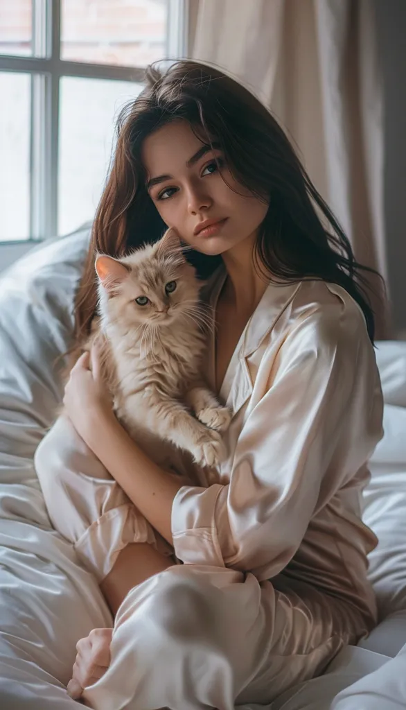 A young woman with long dark hair sits on a bed, wearing a silky cream-colored robe. She holds a fluffy white cat in her arms, gently cradling it close to her chest. The woman's gaze is soft and slightly downcast, as if lost in thought. The image is bathed in a soft, warm light, creating a cozy and intimate atmosphere.