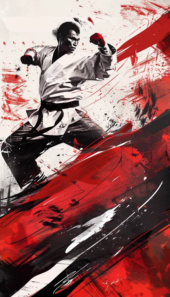 The image is a digital painting of a martial arts fighter in action. The fighter is wearing a white karate uniform with a black belt and is throwing a punch with his right hand. The background is a chaotic mix of red, black, and white paint strokes, creating a dynamic and energetic feel. The image is full of movement and energy, and it captures the intensity of martial arts combat.