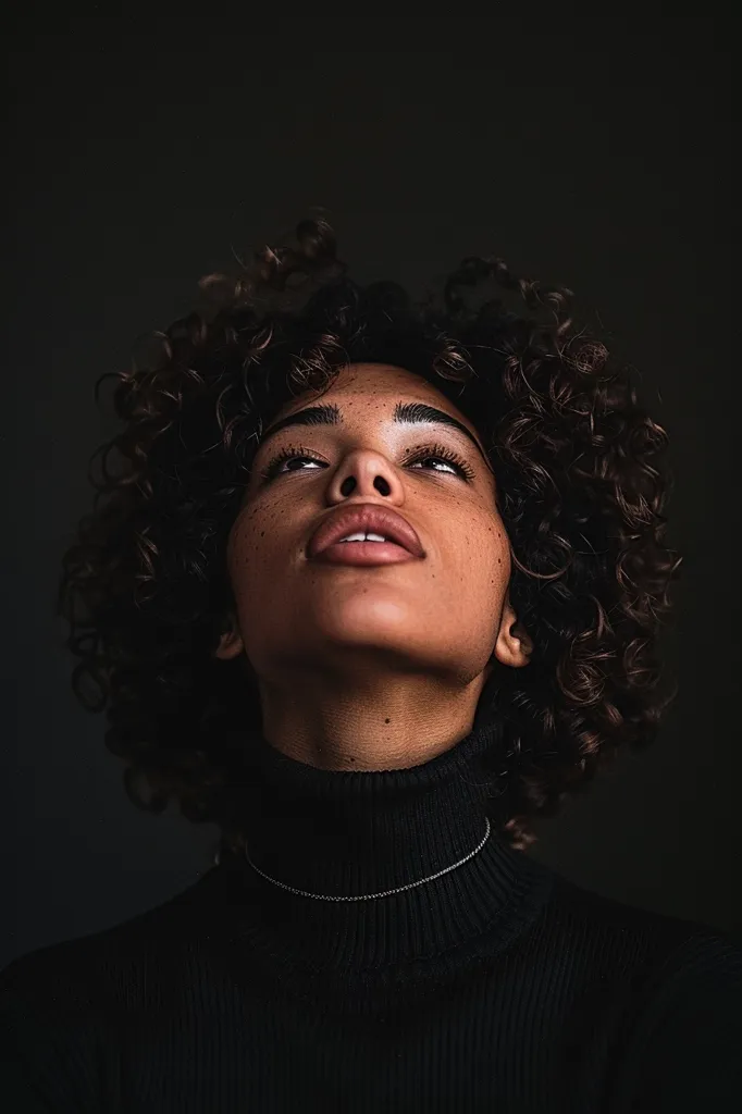 A young woman with dark curly hair, wearing a black turtleneck sweater, looks upwards with her eyes closed. Her head is tilted back and she has a contemplative expression. Her skin is freckled and her lips are slightly parted. The background is a dark, shadowy backdrop. The image captures a moment of peaceful reflection.