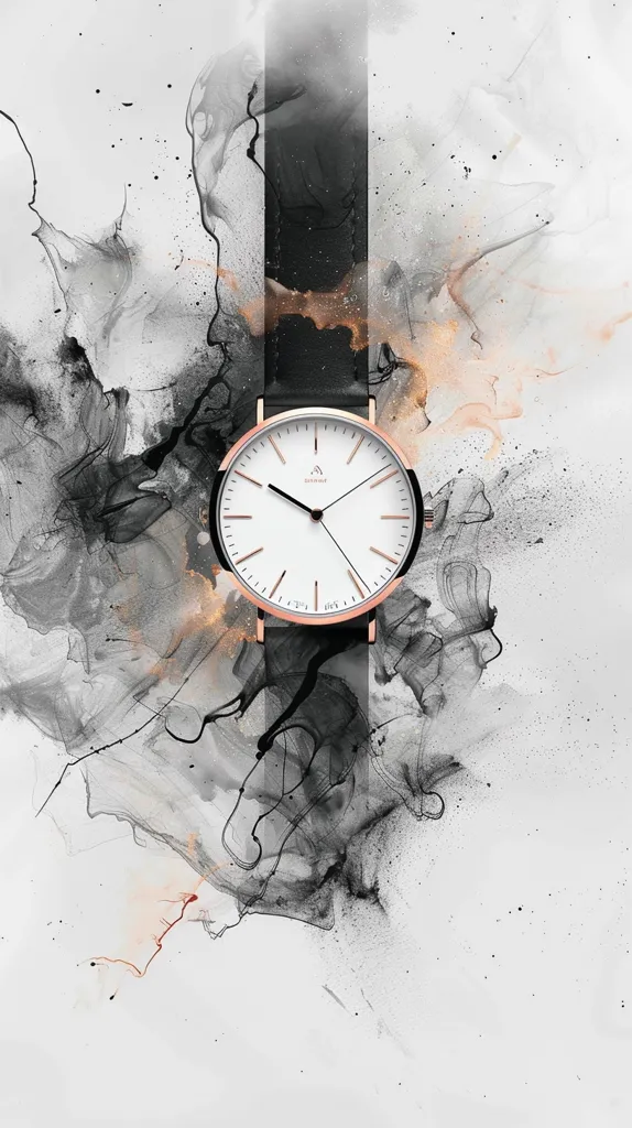 A rose gold wristwatch with a white face is positioned against a stark white background, adorned with abstract black and grey ink splatters. The watch's black leather strap blends seamlessly with the background's dark elements, creating a visually striking contrast.