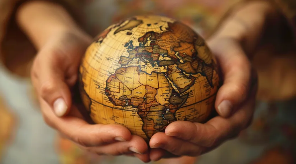A pair of hands gently cradle a small, antique globe. The globe's surface is detailed with continents, oceans, and countries, rendered in a worn, vintage style. The warm lighting and soft focus highlight the globe's fragility and significance, symbolizing the interconnectedness of the world.