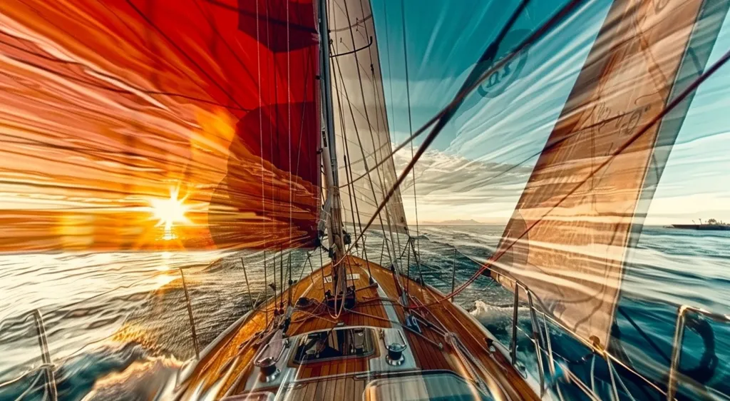 A sailboat sails through the water, with its sails billowing in the wind. The sun shines brightly in the sky, casting a golden glow over the scene. The boat is moving quickly, leaving a wake of white foam in its path. The ocean is a deep blue, and the sky is a vibrant turquoise. The sails are a rich brown and red, and the deck of the boat is made of polished wood. The image is full of motion and energy, capturing the thrill of sailing.