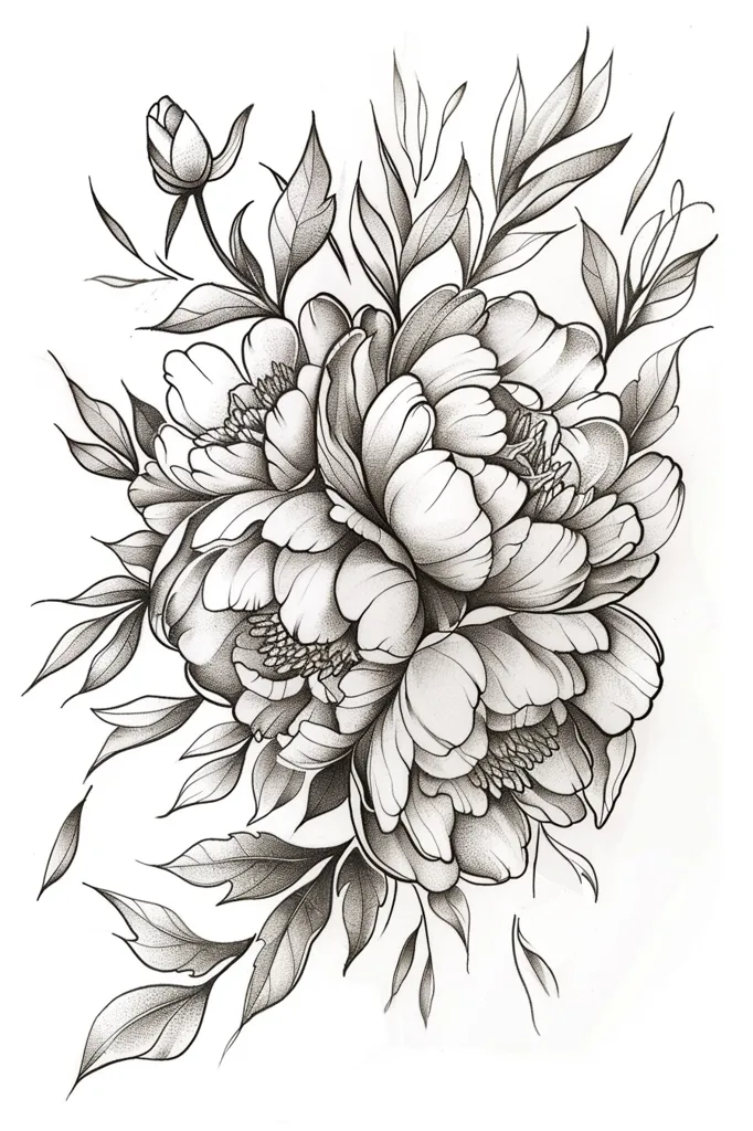 A delicate black and white pencil drawing of a bouquet of peonies and leaves. The flowers are intricately detailed with their petals and stems, and the leaves are delicately drawn with veins. The drawing captures the beauty and fragility of the flowers. The artist used shading to create a sense of depth and texture, bringing the drawing to life. The piece evokes a sense of elegance and grace.