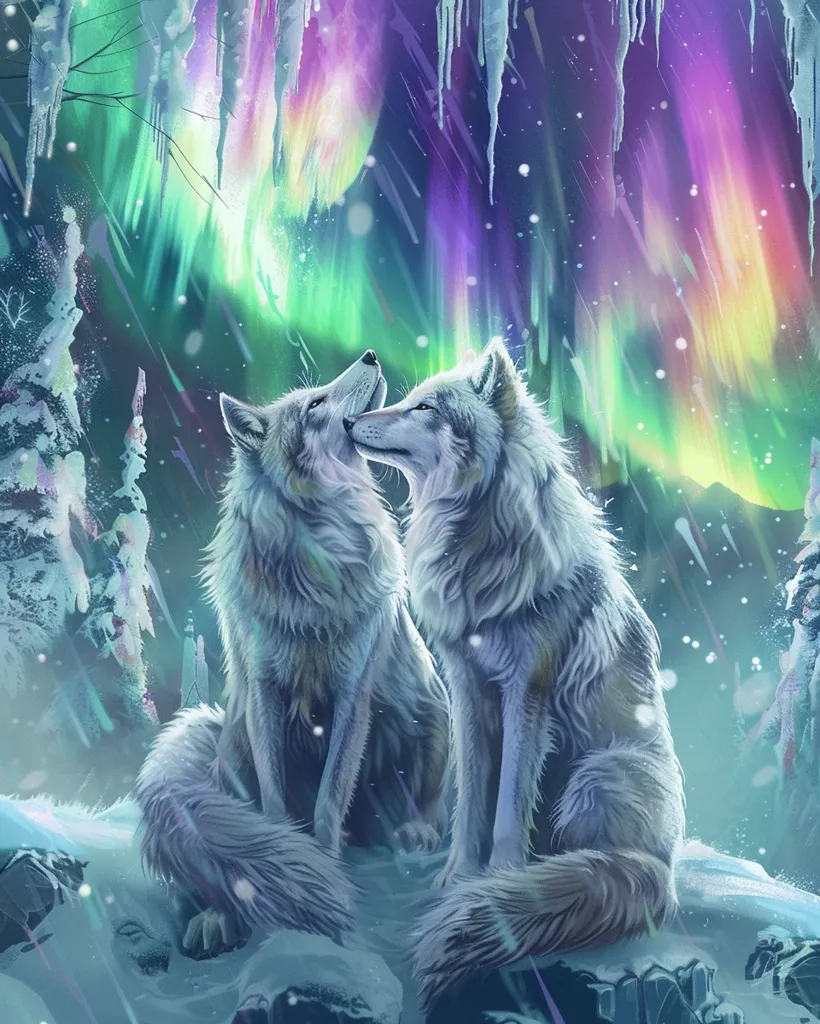 Two white wolves are sitting side by side, gazing at each other, their noses touching. They are bathed in the glow of a vibrant aurora borealis, which fills the sky with swirling shades of green, purple, and pink. The scene is magical and romantic, with a soft snowfall adding to the dreamy atmosphere. The wolves' fluffy white fur and the ethereal light create a captivating contrast, emphasizing the beauty of this snowy winter wonderland.