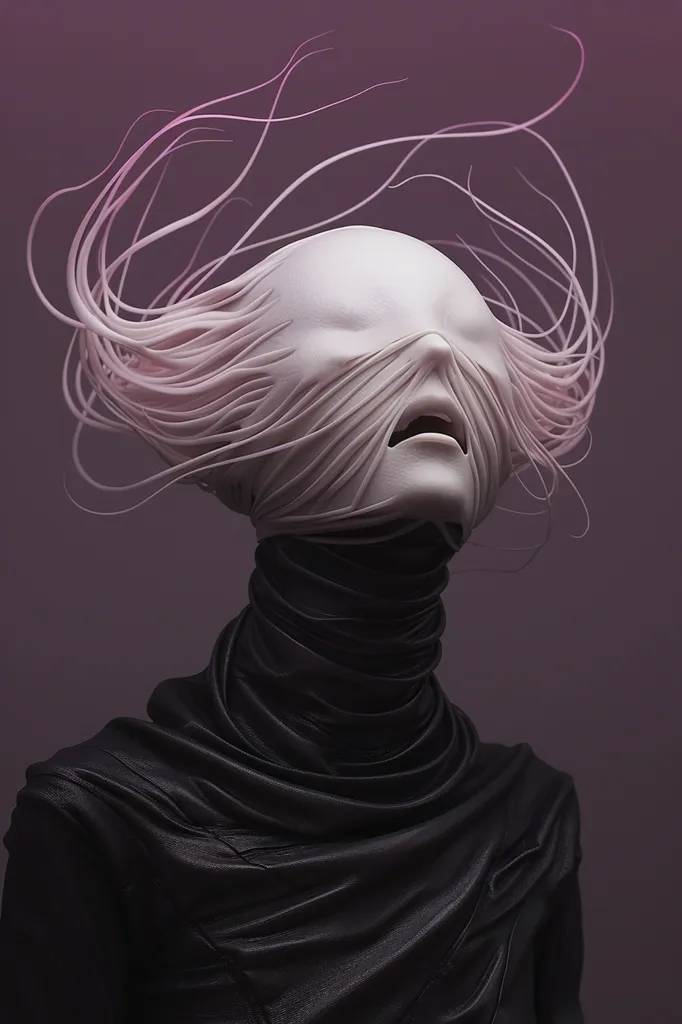 The image depicts a figure with a white, smooth face partially obscured by a flowing mass of pink, stringy hair. The hair seems to be emanating from the head, covering the forehead and eyes.  The figure is wearing a black, leather garment that wraps tightly around the neck and falls down in folds, creating a mysterious and slightly unsettling aesthetic. The background is a solid, muted purple. The overall image evokes a sense of otherworldly strangeness and a hint of vulnerability.