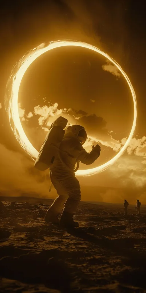 An astronaut stands on a barren, dusty landscape, silhouetted against a glowing ring in the sky. The ring is a bright yellow, suggesting a celestial event or the presence of a nearby star. The astronaut's bulky suit and the desolate terrain evoke a sense of isolation and exploration.  The figure appears to be gazing up at the ring, hinting at a moment of awe and wonder. Two other figures, barely visible in the distance, add a touch of scale and companionship. The scene exudes a sense of mystery and the boundless possibilities of space exploration.