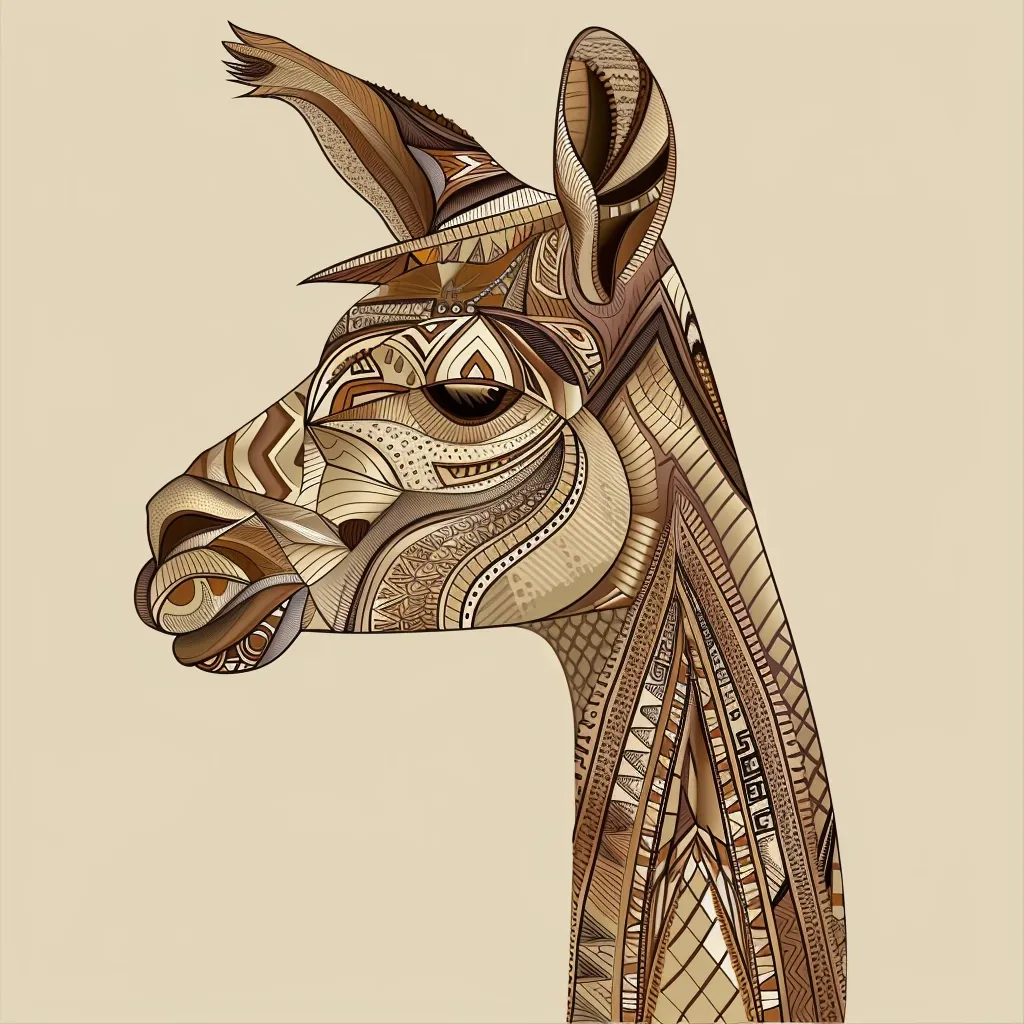 The image depicts a llama's head, stylized with intricate geometric patterns. The llama's face is detailed with a variety of shapes and lines, creating a mosaic-like effect. The overall color scheme is brown, with variations in shade and texture. The background is a plain beige, providing a neutral backdrop for the intricate artwork. The image is a captivating blend of animal representation and artistic expression.