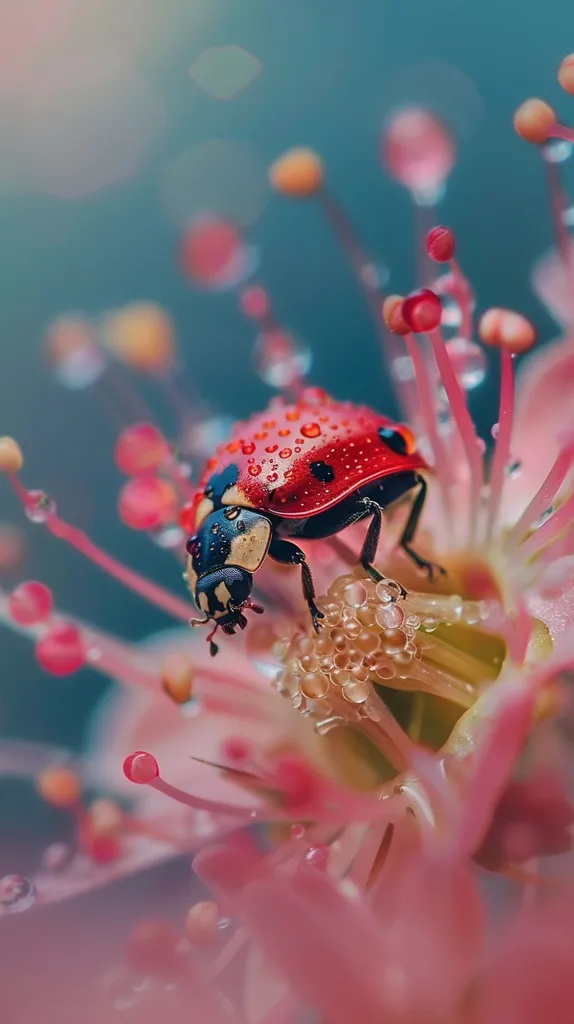 A ladybug, covered in tiny water droplets, perches on a delicate pink flower. The flower's delicate tendrils are also adorned with water droplets, creating a sense of freshness and beauty. The background is a soft, blurred teal, highlighting the vibrant red and black of the ladybug. The image is a close-up, emphasizing the intricate details of both the ladybug and the flower.