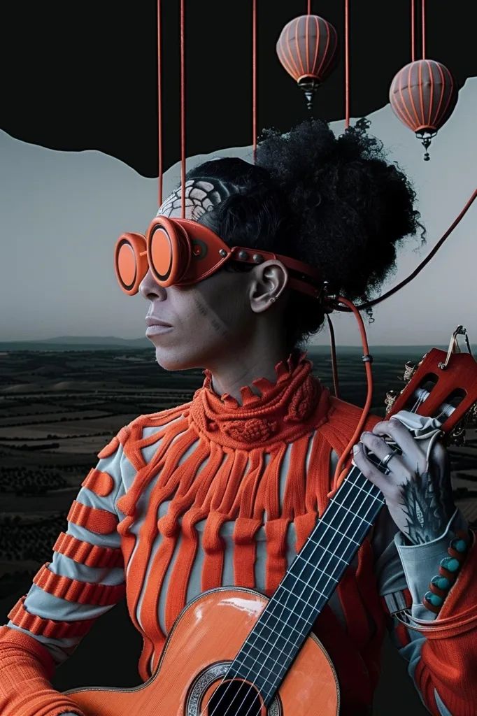 A woman with a large afro, wearing a bright orange sweater, steampunk goggles, and a silver ring, looks to the left.  She's holding a brown wooden acoustic guitar and her left hand is resting on the strings. Three red and black hot air balloons hang overhead, suspended by red string.  The woman's skin is a light color and she has tattoos. The background is a dark, grainy landscape with a brown and green field in the distance.  The image has a futuristic feel with its color scheme and the hot air balloons.