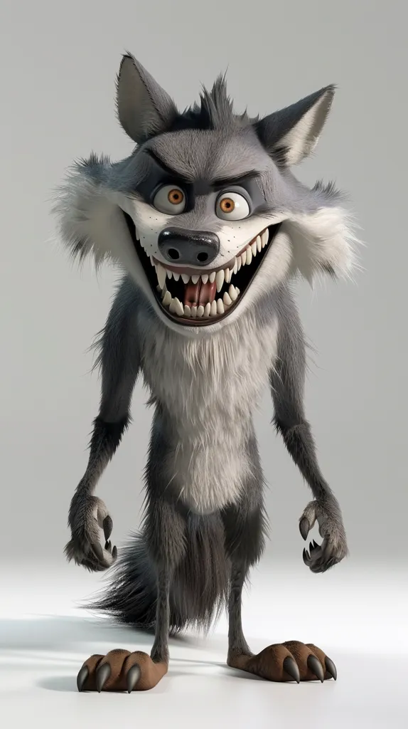A cartoon wolf with a mischievous grin stands against a white backdrop. His fur is a mix of grey and white, with a white patch on his chest. He has large, bright eyes and sharp teeth. His paws are large and clawed, and his tail is long and bushy. He appears to be a friendly and playful character.