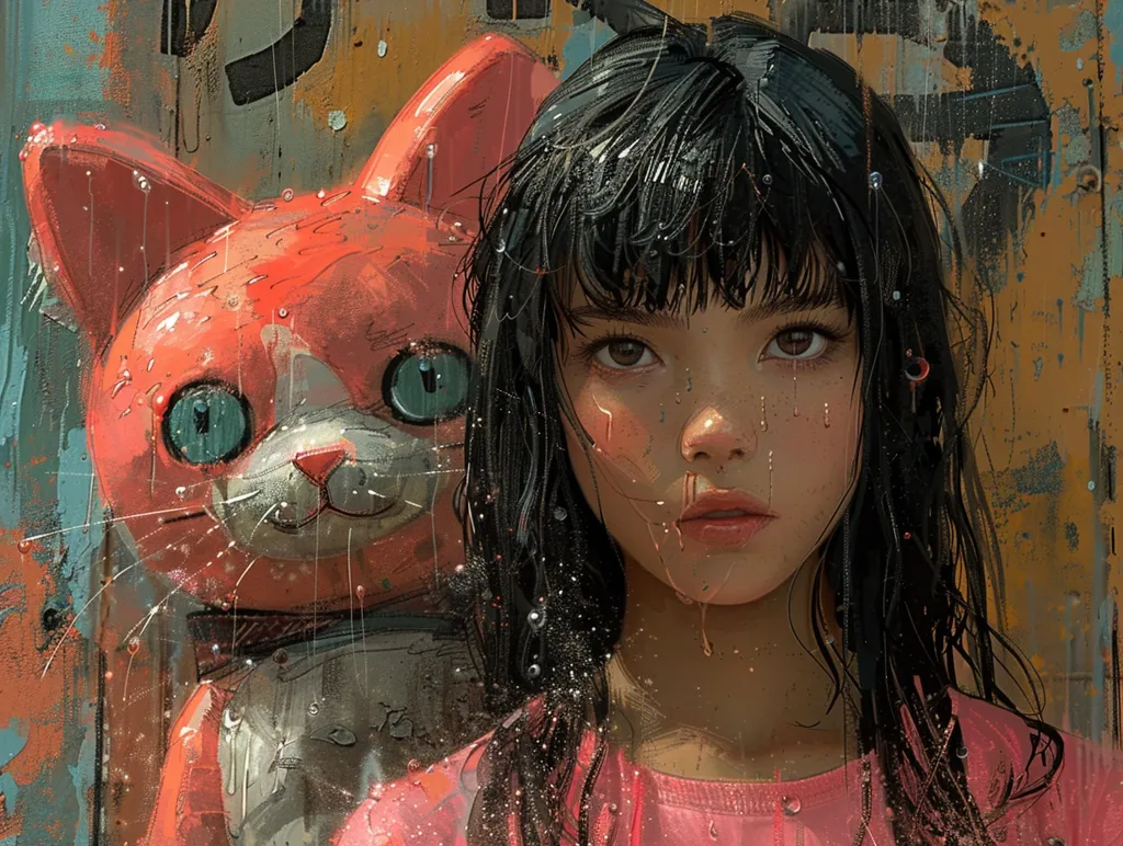 A young girl with long black hair and big brown eyes stands in front of a large, red, cat-shaped toy. Rain falls around them, leaving streaks of water on the girl’s face and the toy’s fur. The girl looks out at the viewer with a pensive expression. The background is a blurred image of an urban wall.