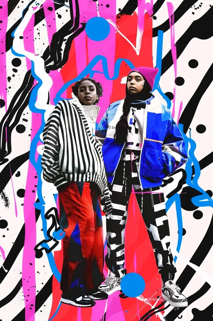 Two young women stand against a vibrant, abstract background. The woman on the left wears a black and white striped sweater, red pants, and black shoes. The woman on the right wears a blue jacket, black and white pants, and white sneakers. The background is a mix of bold colors and geometric shapes, creating a dynamic and modern aesthetic.