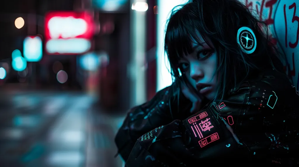 A young woman with dark hair and a futuristic, dark-colored jacket leans against a wall in a dimly lit urban setting. Her expression is serious, her eyes looking directly at the viewer. A neon sign glows brightly in the background, casting a blue and purple hue over the scene.  The image evokes a sense of mystery and intrigue.