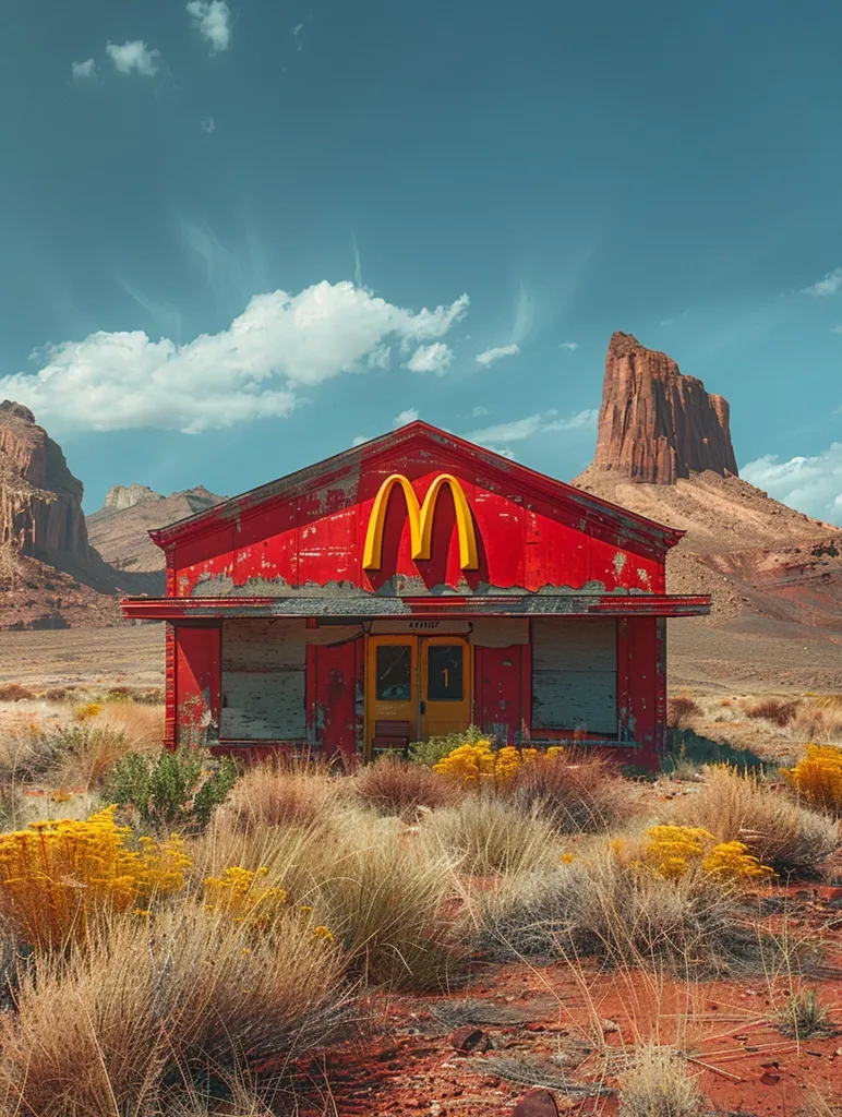 A red, weathered building stands alone in a desert landscape, its yellow "M" sign a stark contrast to the barren surroundings. The building, likely a former fast-food restaurant, appears abandoned and forgotten. A lone, majestic rock formation looms in the background, adding to the desolate atmosphere. The sky is a vibrant blue, punctuated by wispy white clouds. The ground is covered in dry, brown grass and sparse yellow wildflowers. The scene evokes a sense of isolation and the passage of time.