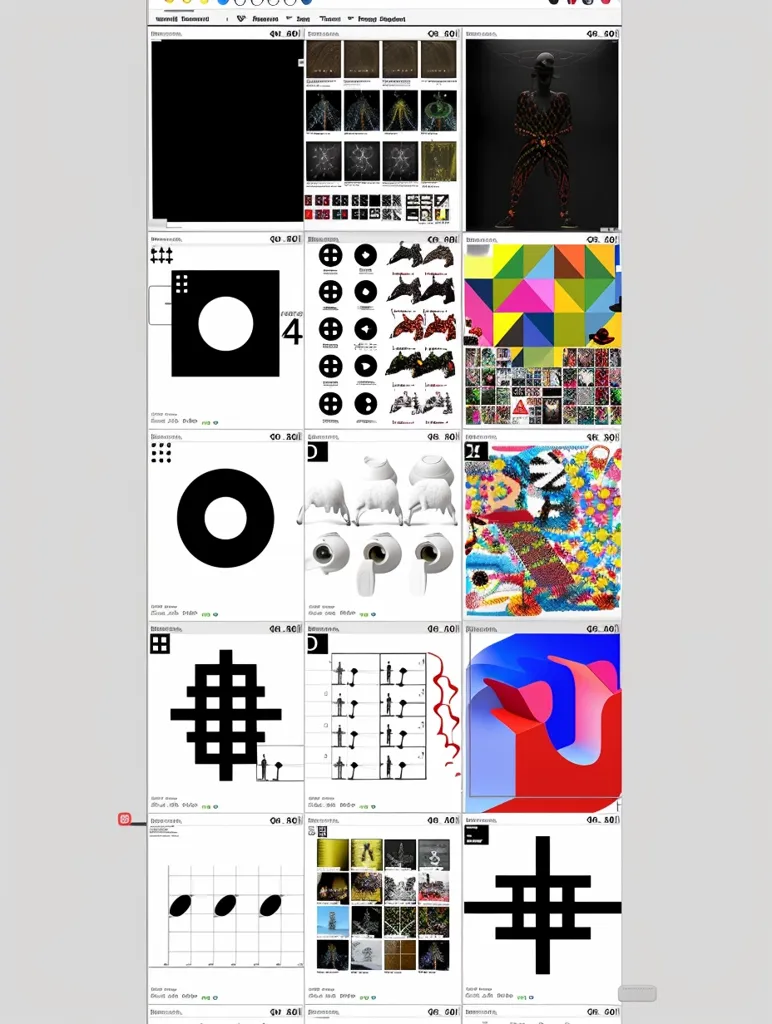 The image is a grid of small square images.  Each image contains a different geometric shape or pattern.  The images are arranged in rows and columns, and are bordered by a white outline.  The images are set against a white background.  Some of the shapes are simple, such as circles, squares, and triangles, while others are more complex.  Some of the patterns are abstract, while others are recognizable, such as a grid or a series of dots.  The image appears to be a digital art piece or a design project.