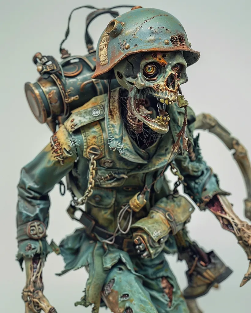The image shows a detailed, highly realistic skeletal figure in the form of a soldier. It is dressed in a tattered, green military uniform and a helmet with a rusted, exposed skull.  The figure is carrying a large, worn backpack and has a bone-like hand with a mangled glove. The image is likely a piece of art, a sculpture or figurine, with a steampunk or horror aesthetic.