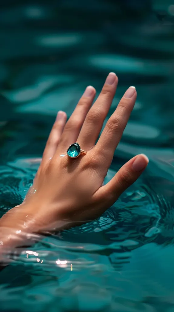 A woman's hand with a teal gemstone ring on her finger is partially submerged in a clear, turquoise pool. The water ripples around the hand, reflecting the sunlight. The ring stands out against the vibrant blue water, creating a sense of beauty and tranquility.