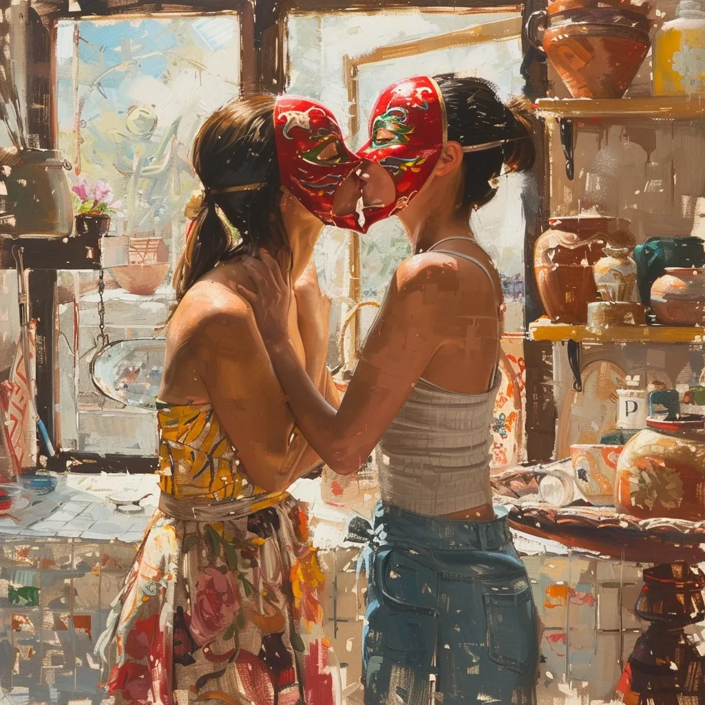 Two women stand in a kitchen, their faces obscured by red masks shaped like hearts. The woman on the left is wearing a floral dress, and the woman on the right wears a white tank top and blue jeans. They are kissing, their bodies pressed close together. The scene is warm and intimate, and the light streams in through a window behind them.  A collection of pots and pans sits on a shelf in the background. The image captures a moment of affection and connection, despite the masks.