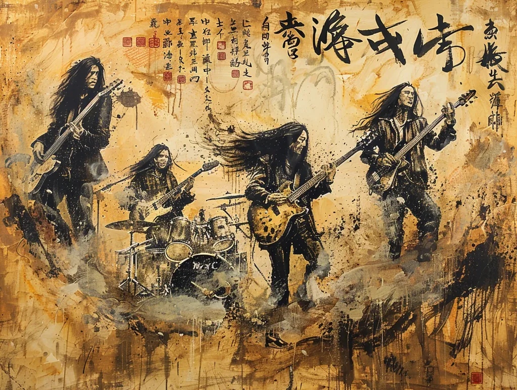 The image depicts a rock band playing in front of an abstract background. The four members, all with long hair, are dressed in black leather and denim. The band is playing in front of a background that appears to be made of splattered paint and Chinese characters. The overall feel of the image is raw and energetic, with a sense of movement and excitement. The artist has used a variety of techniques to create this unique piece, including brushstrokes, drips, and splatters.  The image is a celebration of rock and roll, and the raw energy of music.