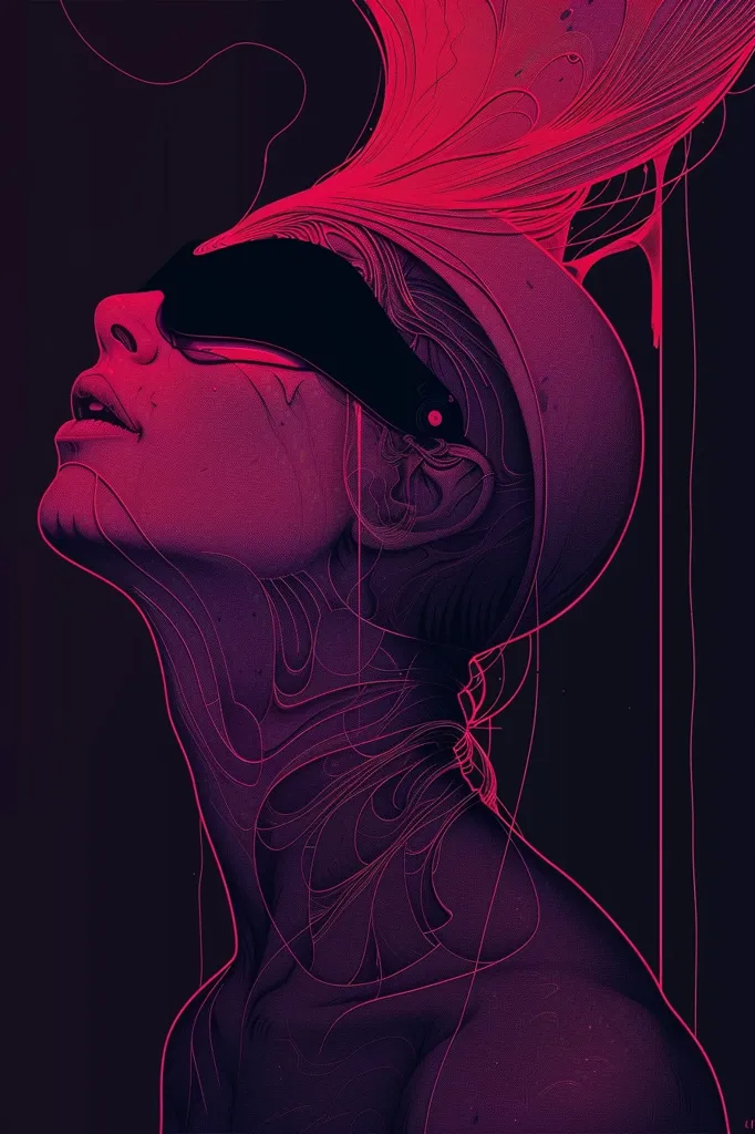 The image depicts a woman's head and neck in a dark, almost black background. The woman is wearing a black blindfold and a white hat. Her face is illuminated in a pink light, which also outlines the abstract shape of her body, creating a surreal and almost ghostly appearance. The overall effect is striking and visually engaging. The woman's closed eyes and tilted head suggest a sense of mystery and intrigue.