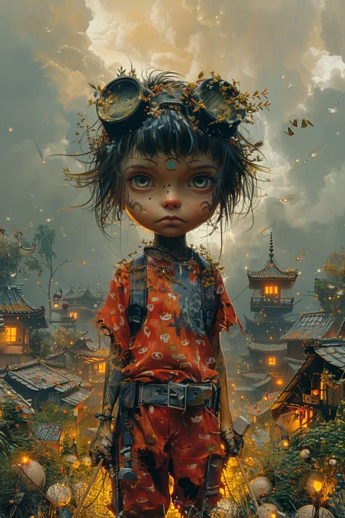 A young girl with large, expressive eyes and a serious expression stands in a fantastical, overgrown village. She wears a worn orange jumpsuit and goggles. The village is lit by glowing lanterns, and many strange creatures and plants are scattered throughout the landscape. The sky is cloudy and filled with tiny lights.