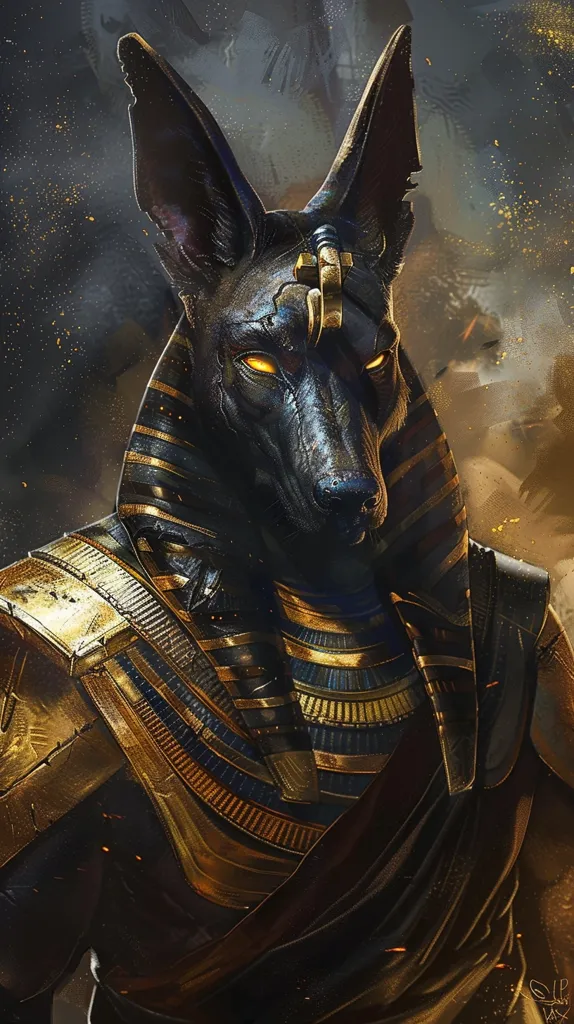 The image depicts Anubis, the jackal-headed god of the dead in Egyptian mythology. He wears a golden collar and a headdress with a  scarab beetle.  His eyes glow a fierce yellow, and his expression is stoic, befitting a god of the underworld. The background is dark and gritty, with hints of golden light.  The image captures the power and mystery of ancient Egyptian mythology.