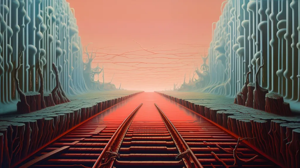 The image is a surreal landscape with a pair of train tracks running through the center. The tracks are made of wood and are covered in a red liquid. The track is surrounded by tall, strange structures that resemble trees, but they are made of a smooth, blue material.  The sky is a soft pink, and there are thin, red lines running across it.  The image is filled with a sense of mystery and otherworldly beauty.