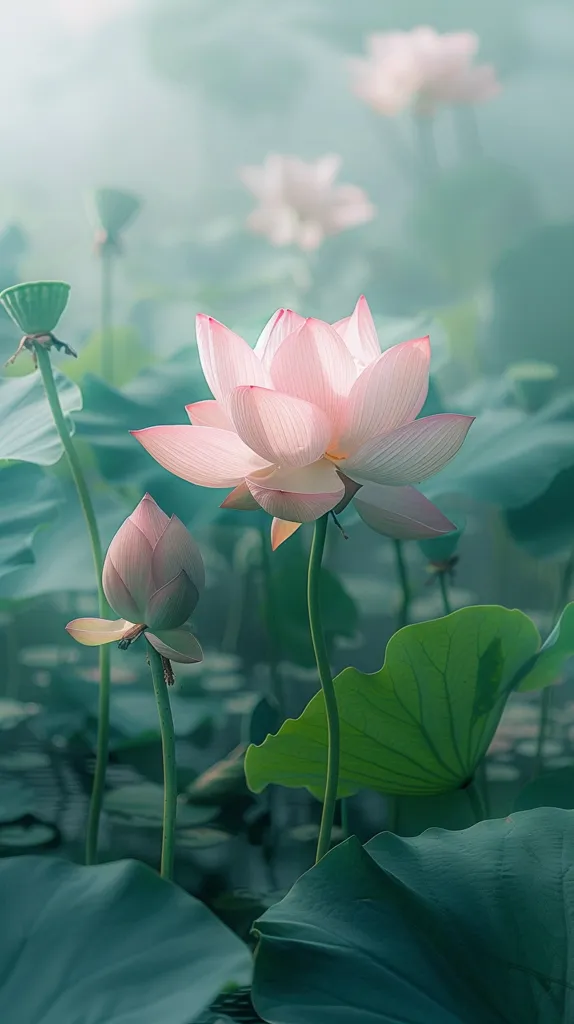 A delicate pink lotus flower blooms in the foreground, its petals unfurling gracefully. A smaller bud waits patiently beside it, while blurred lotus flowers in the background suggest a tranquil pond scene. The image evokes serenity and beauty in nature, with soft lighting and lush green foliage surrounding the flowers.