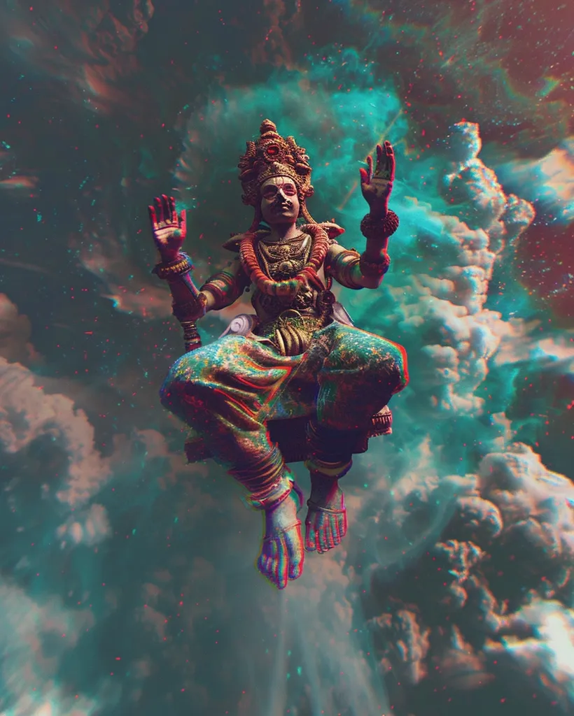 A deity adorned in ornate gold jewelry and a crown sits in a meditative pose, suspended in the air against a backdrop of swirling clouds and a starry sky. The image is rendered in a vibrant, psychedelic style, with colors bleeding and overlapping. The deity's expression is serene and composed, radiating an aura of peace and tranquility. The overall effect is one of spiritual wonder and otherworldly beauty.