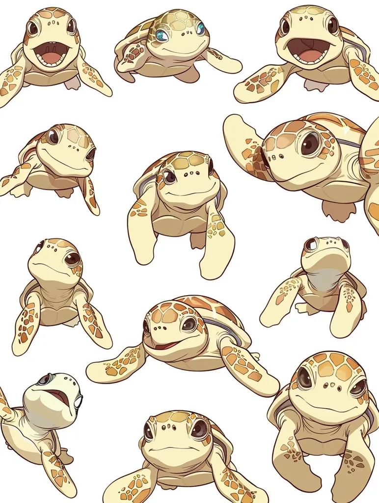 The image depicts a cartoon illustration of 11 cute baby sea turtles. They are all different sizes and in various poses, some are swimming, some are looking up, and some are looking at the viewer. They have big, round eyes and brown shells with yellow spots. The background is white.
