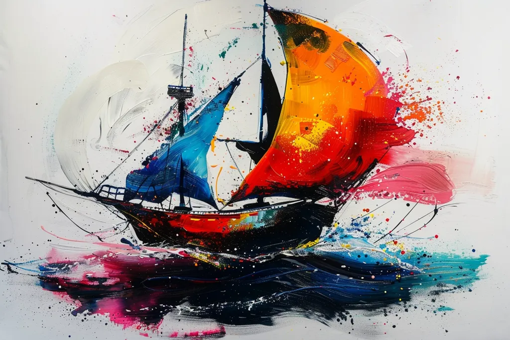 The painting is a vibrant and colorful abstract depiction of a sailboat. The sailboat is depicted with bold strokes of red, orange, blue, and black, creating a sense of movement and energy. The background is a swirling mix of white, pink, and blue, suggesting the sea and the sky.  The overall effect is one of dynamism and freedom.
