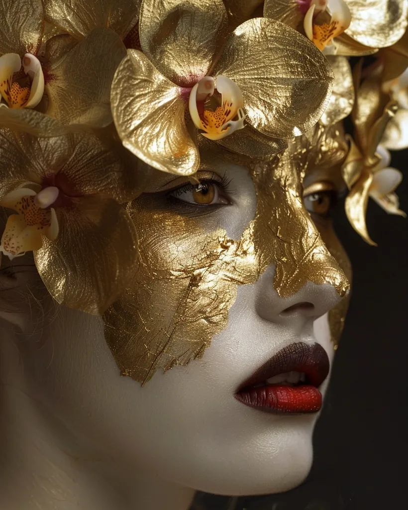 The image shows a close-up of a woman's face.  Her skin is painted white and covered in gold leaf, like a mask.  Her lips are painted red, and she is wearing a crown of gold orchids, which are also covering part of her face. The lighting is dramatic, creating a sense of mystery and intrigue.  The woman's expression is mysterious and slightly alluring.