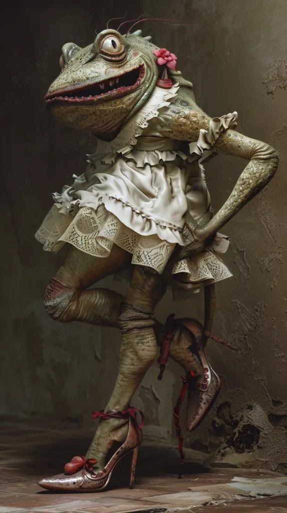 A grotesque, humanoid creature with the head and features of a frog is wearing a white dress and high-heeled shoes with red bows. It has a wide, toothy grin and its skin is a sickly green color. The creature's posture is suggestive, and its gaze is off to the side. The background is a textured wall with a worn, almost decaying look. The overall image is unsettling and strange, likely meant to be humorous or satirical.