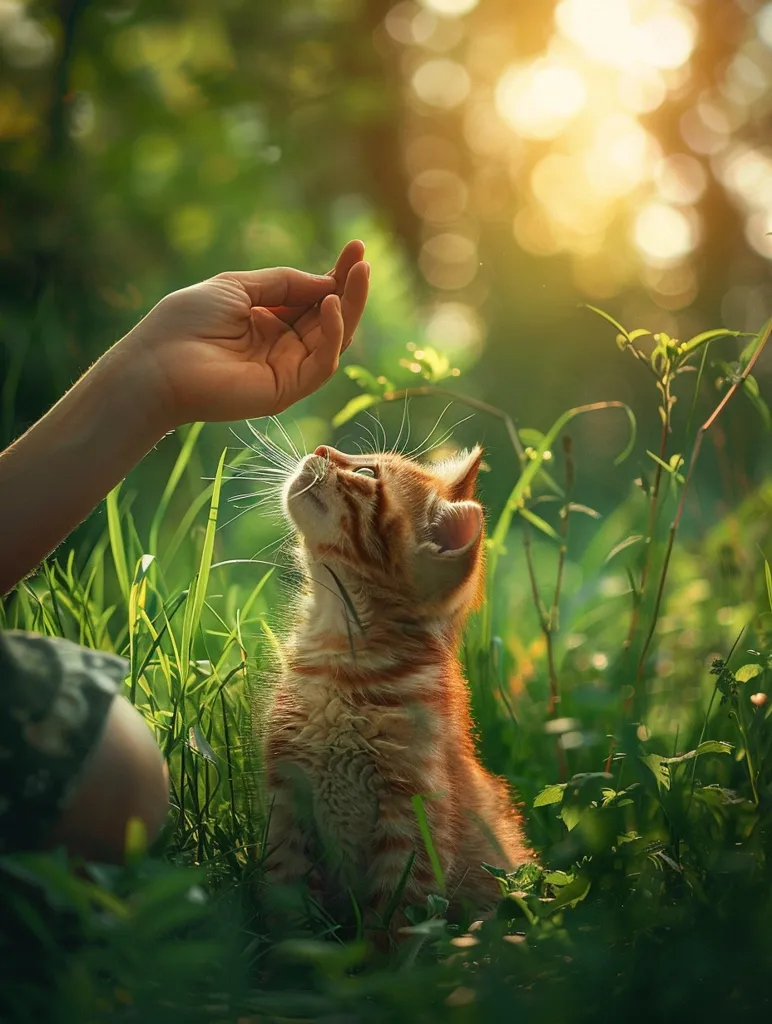 A small, ginger kitten sits in tall green grass, its head tilted upwards as it looks at a hand reaching down towards it. The hand is outstretched with the fingers slightly curled, as if offering a treat.  The background is a blurry green and yellow bokeh, suggesting the sun is shining through the trees. The kitten's fur is soft and fluffy, and its eyes are bright and curious. The image captures a moment of gentle interaction between a human and a pet.