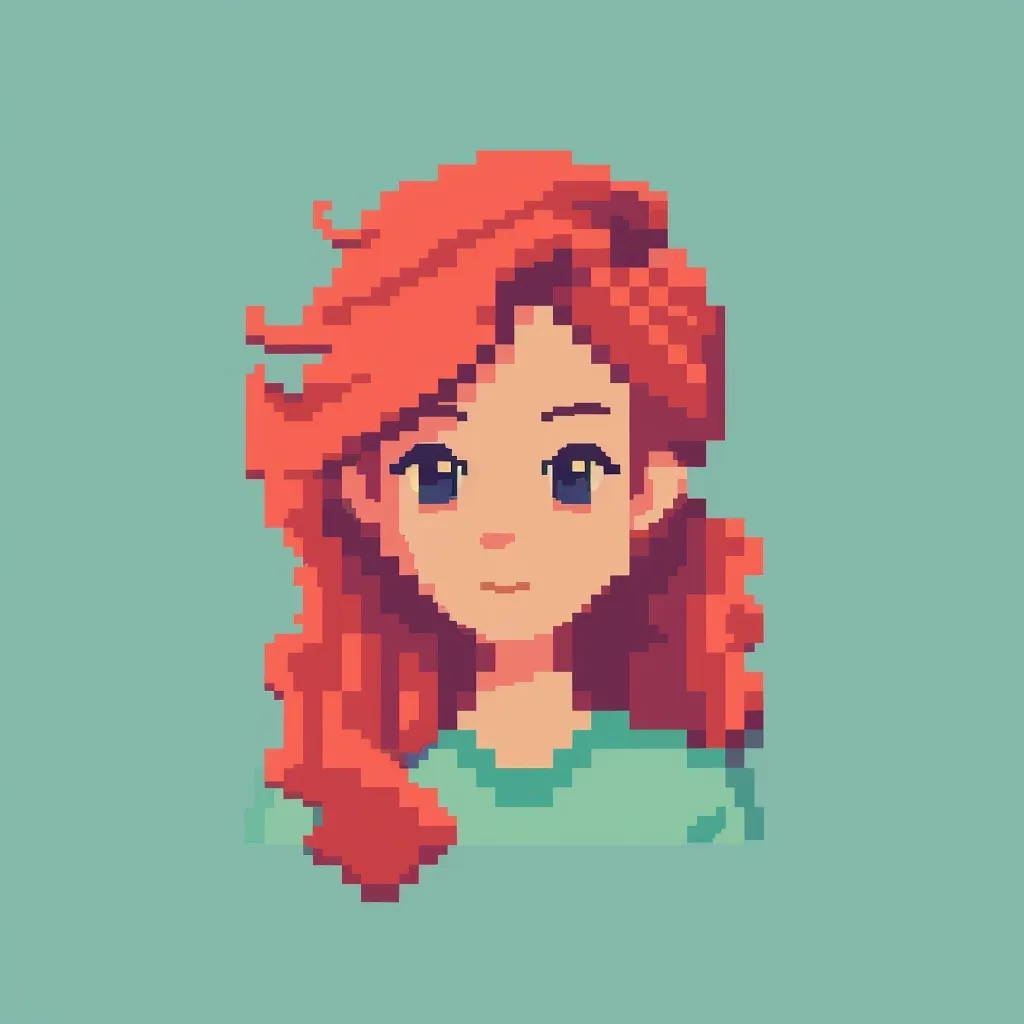 The image shows a pixelated portrait of a young woman with long, flowing red hair. She has large, blue eyes and a soft smile. She is wearing a teal shirt and appears to be looking off to the side. The background is a simple, light blue. The overall style of the image is reminiscent of 8-bit video game graphics.