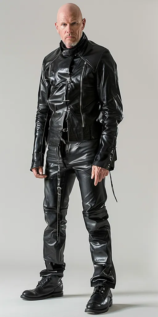 A bald man with a serious expression is wearing a black leather jacket and matching pants. The jacket has a high collar and a zipper closure. The pants have a belt and are cinched at the ankles. He is wearing black leather boots. The man is standing against a white background. He looks confident and cool.